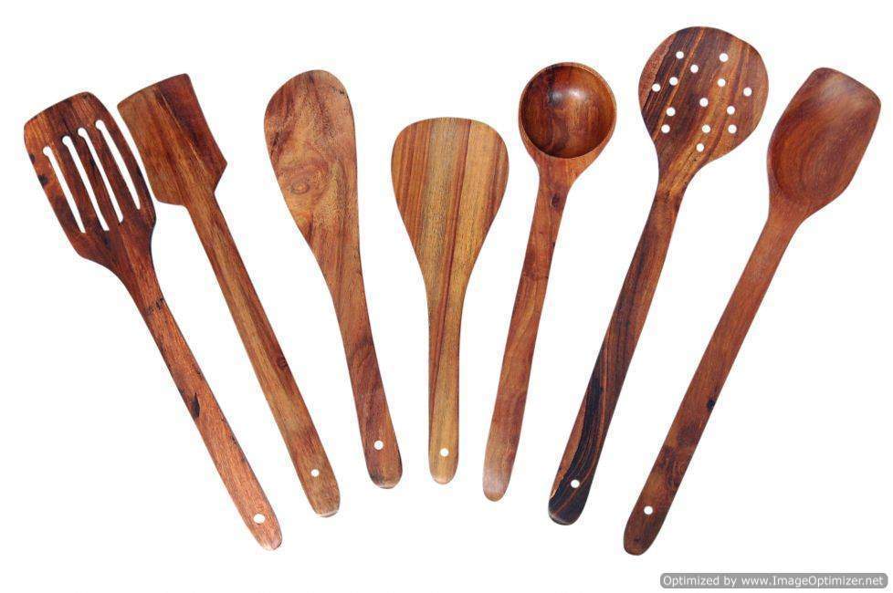 ITOS365 Handmade Wooden Serving and Cooking Spoons Wood Brown Spoons Kitchen Utensil Set of 7