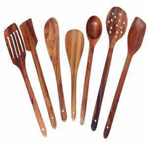 ITOS365 Handmade Wooden Serving and Cooking Spoons Wood Brown Spoons Kitchen Utensil Set of 7